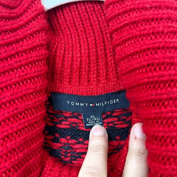 [Tommy Hilfiger] Red Black Fair Isle Nordic Print Chunky Turtleneck Sweater XL - Picture 10 of 12